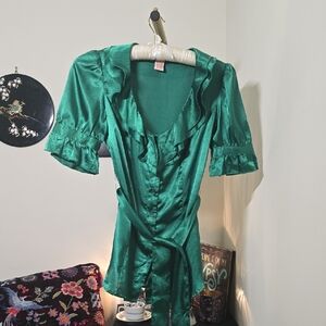 Candie's Emerald Green Satin Button Up Top with Ruffled Sleeves